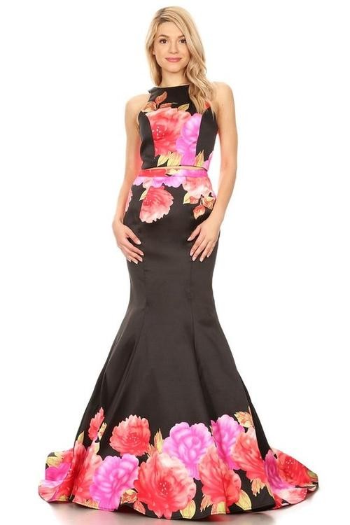 MAXI SET PROM FLORAL SIRENA NEGRO