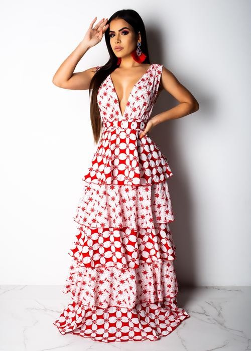 MAXI VESTIDO LORENA WAVES ROJO/BLANCO
