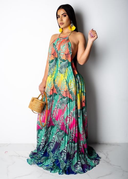 MAXI VESTIDO RAINBOW PALMERAS PLISADO.