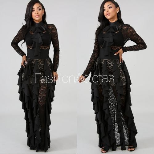 MAXI VESTIDO RUFLE ATENEA NEGRO.