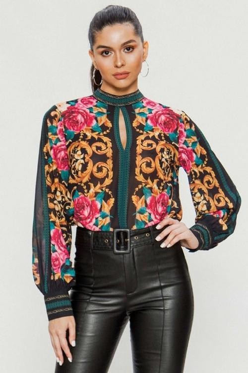 PANTIBLUSA GRECAS FLORAL NEGRA