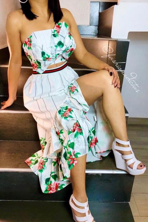 SET  FLORAL-RAYADO  RUFLE MOÑO