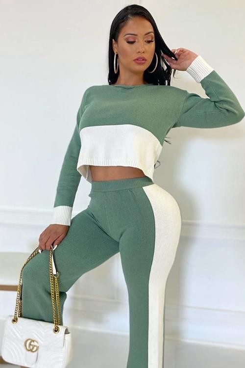 SET PANTS TEJIDO SAGE/BLANCO