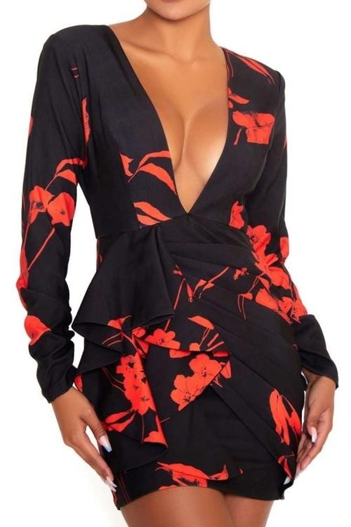 VESTIDO BIANCA FLORAL NEGRO ROJO