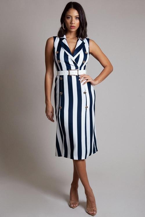 VESTIDO MIDI RAYADO BLANCO/ AZUL MARINO